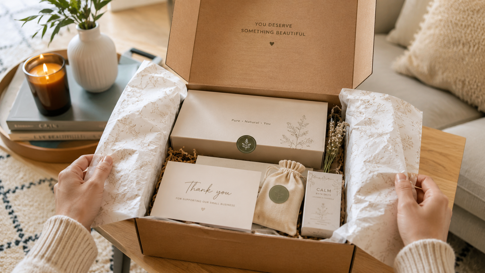 Open gift box with natural skincare items, a thank-you card, and a small pouch nestled in crinkle paper on a wooden table.