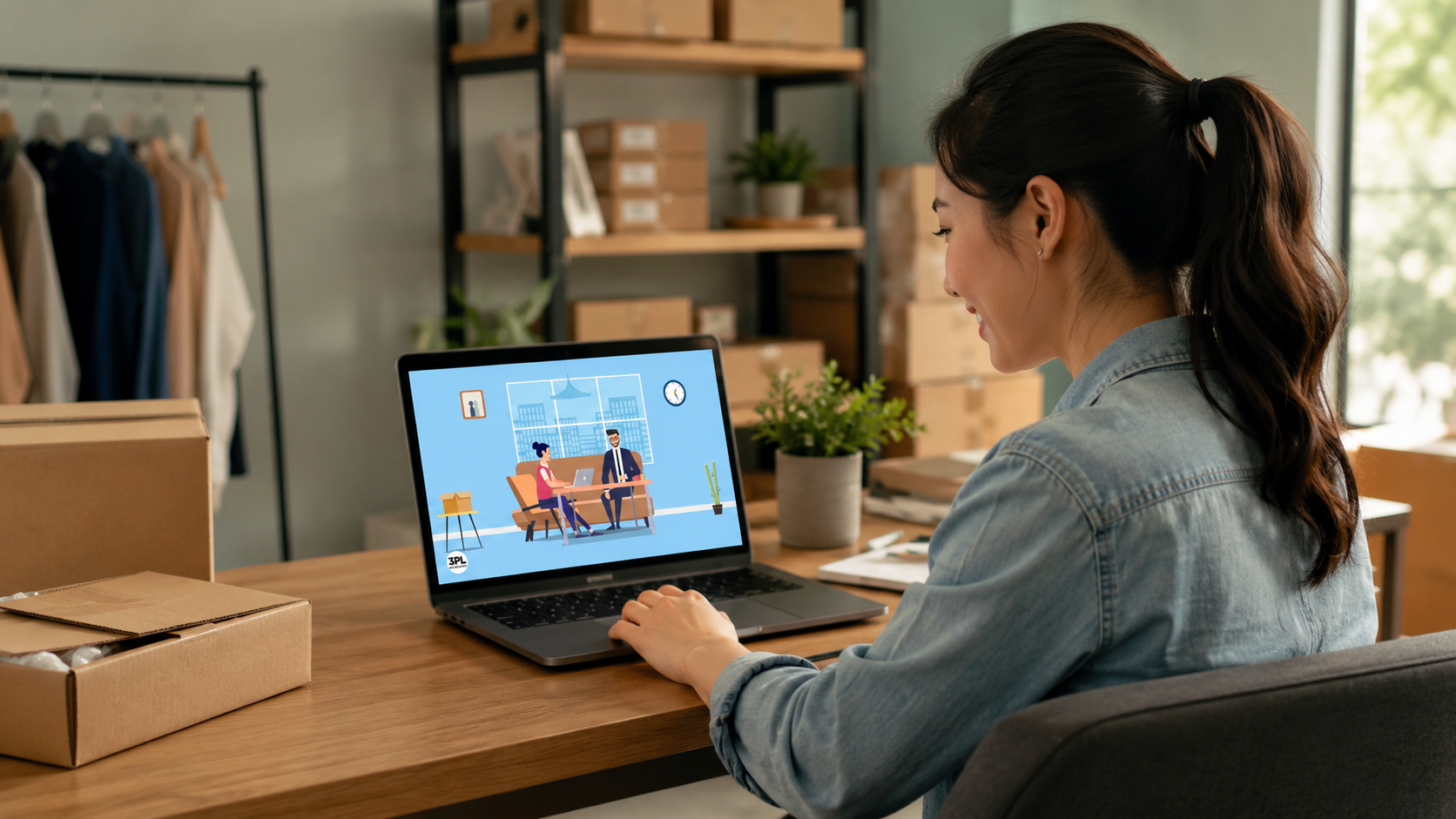 Woman sits at a wooden desk and types on a laptop in a storage area with boxes and a clothing rack in the background.
