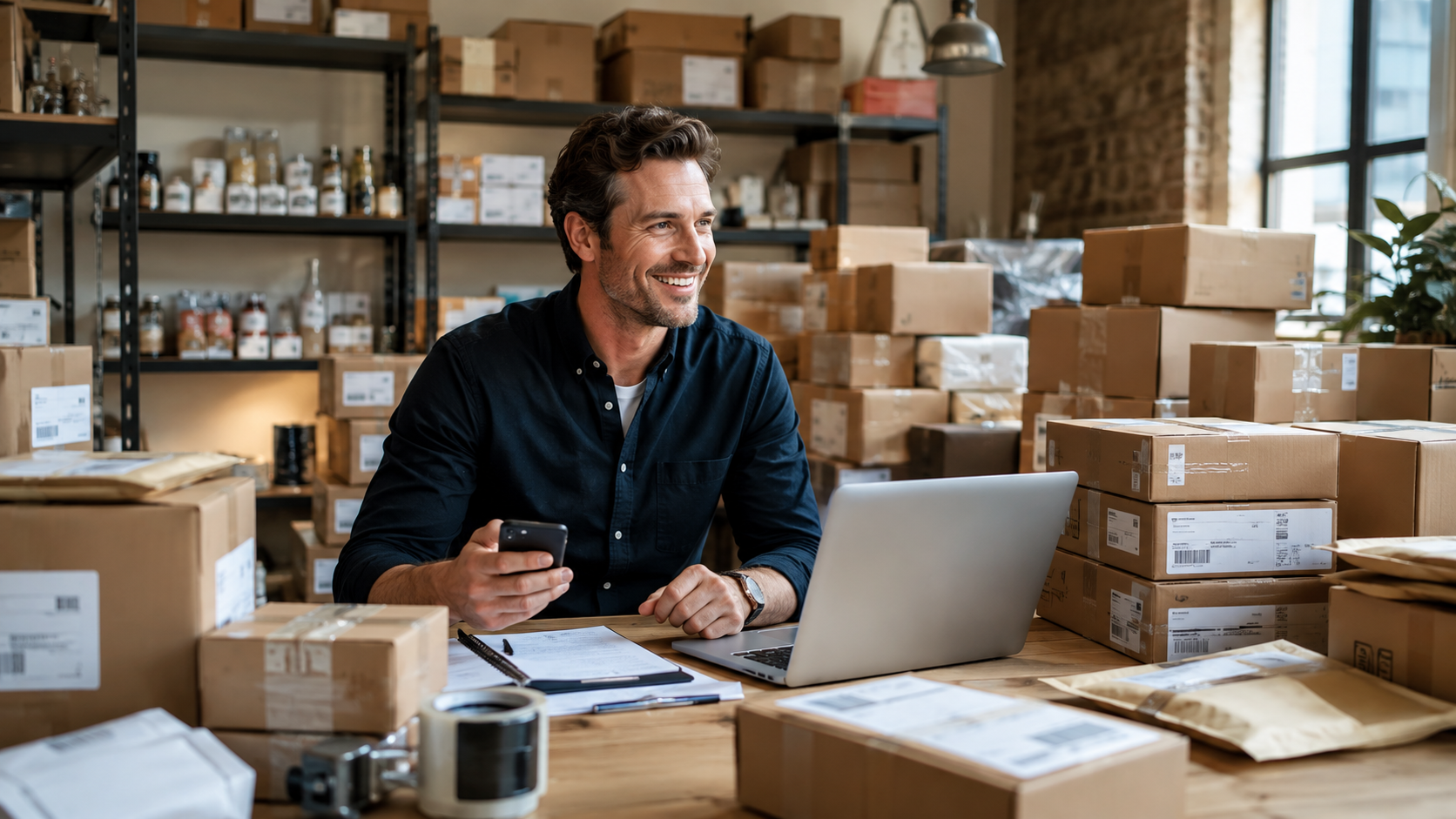 Man in a navy shirt sits at a wooden desk in a cluttered warehouse, using a laptop and checking his phone among packed boxes.