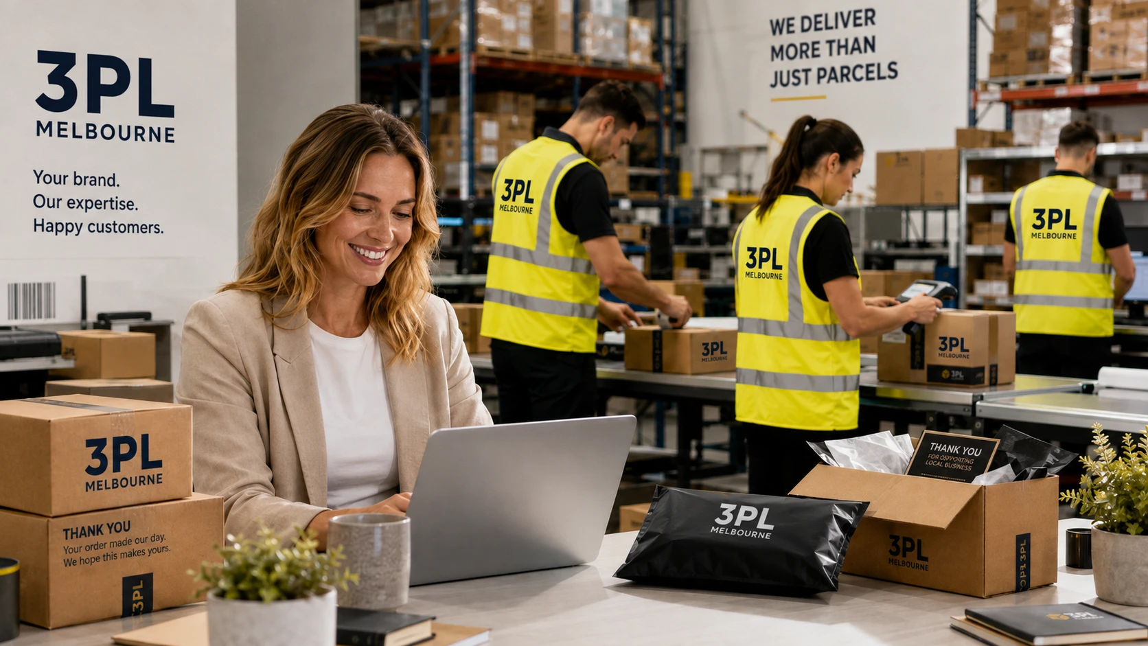 Smiling woman in a beige blazer using a laptop at a packing desk in a warehouse; background shows staff in yellow vests handling boxes labeled 3PL Melbourne.