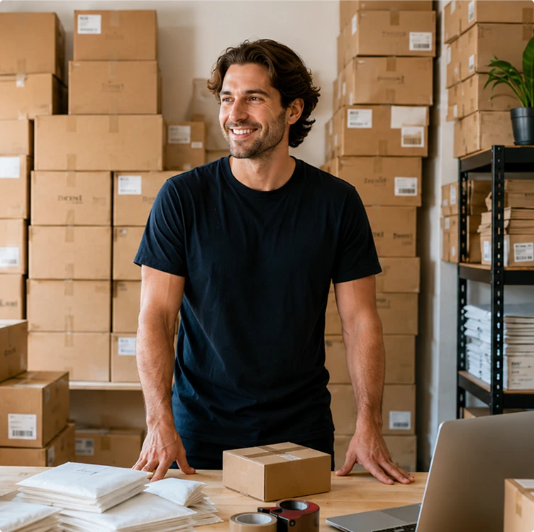 Smiling man in a black t‑shirt leans on a workbench surrounded by stacked cardboard boxes in a storage room and packing supplies on the table behind him
