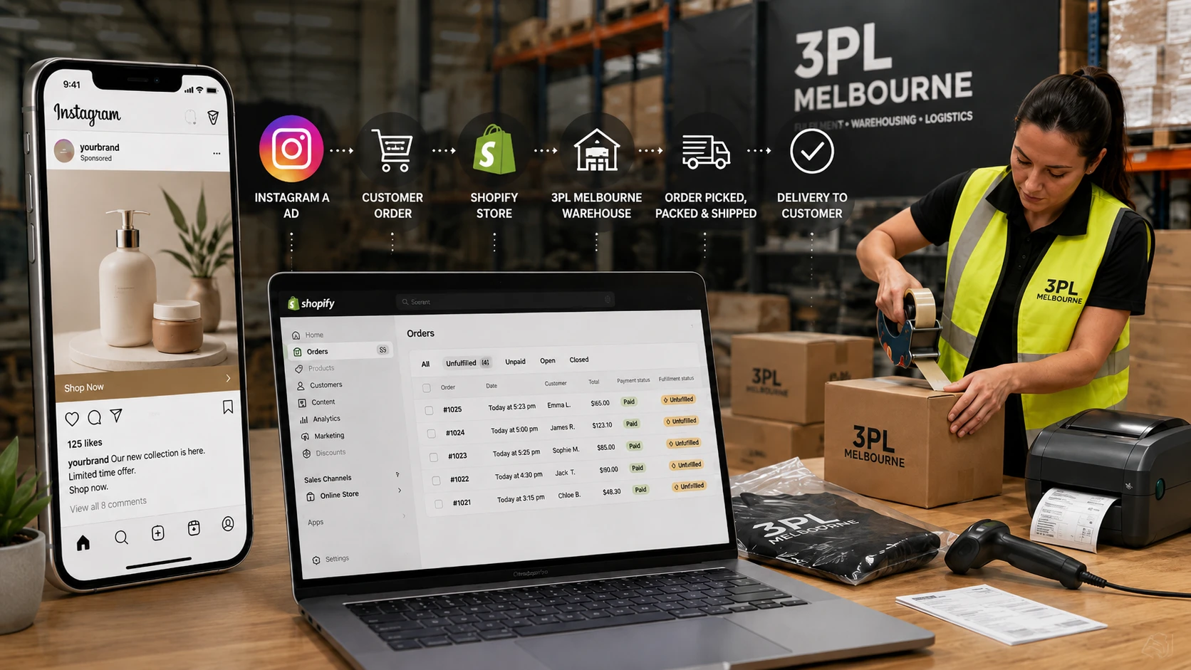 Ecommerce warehouse scene: worker packing boxes, laptop showing Shopify orders, and a smartphone displaying an Instagram ad, with a 3PL Melbourne backdrop.