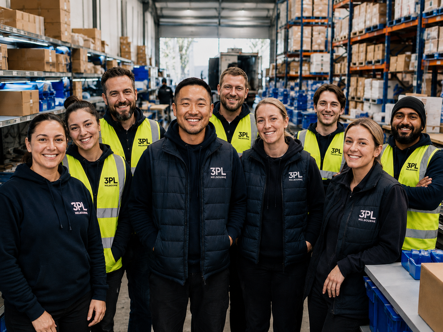 A group of smiling warehouse workers posing for a team photo, wearing black jackets and bright yellow safety vests inside a busy storage facility with shelves and boxes.
