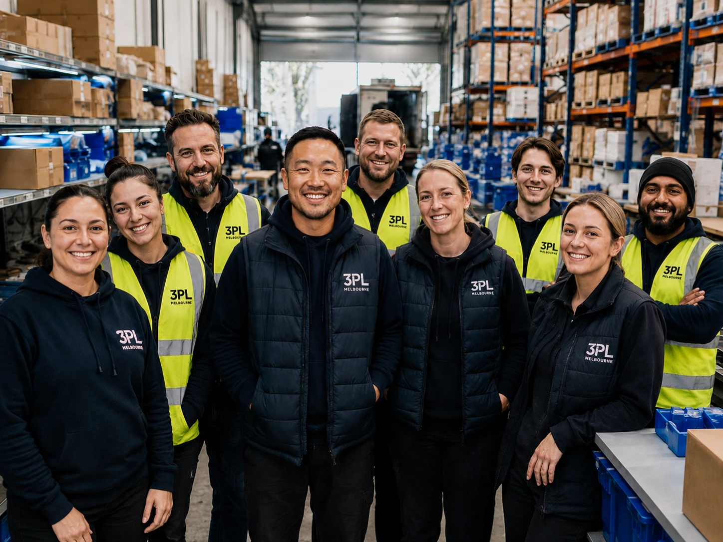 Smiling group of warehouse workers in neon vests and navy jackets with 3PL Melbourne logos, standing in a busy storage warehouse.