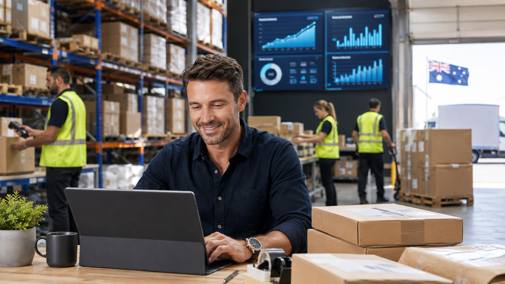 Smiling man in a navy shirt uses a laptop at a desk in a busy warehouse with boxed pallets and coworkers in high-visibility vests in the background.