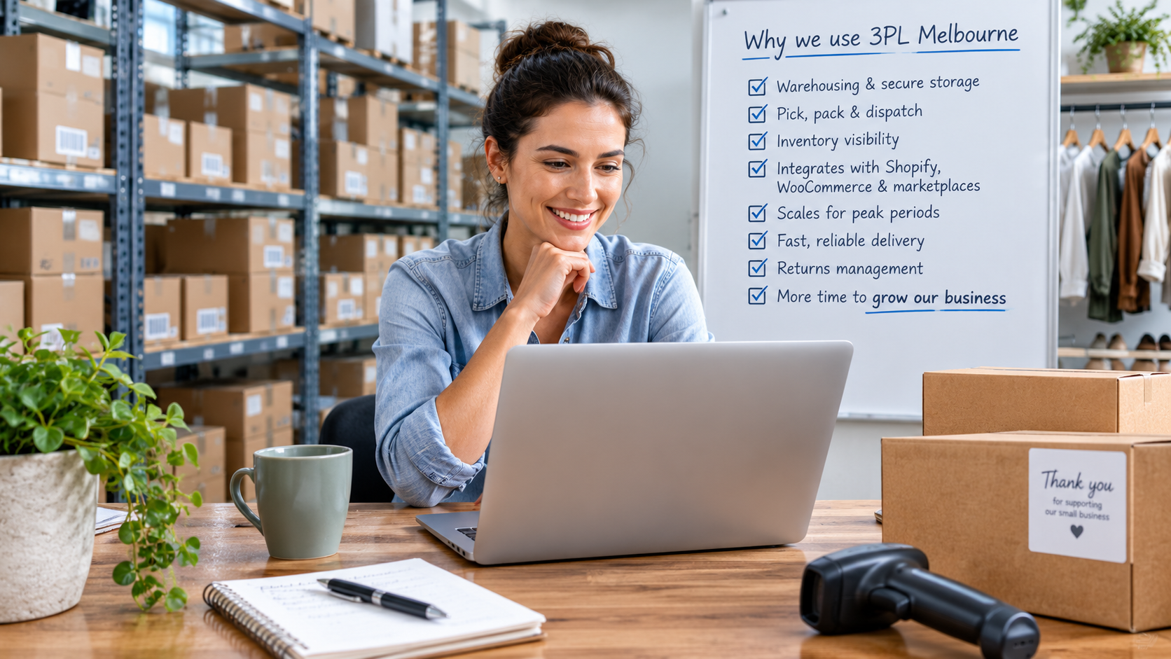 Smiling woman in a warehouse uses a laptop at a wooden desk, with boxes on shelves and a whiteboard listing 3PL Melbourne benefits.