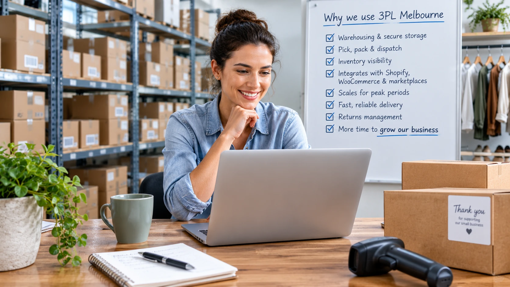 Woman at a warehouse desk using a laptop, with a whiteboard listing benefits of 3PL Melbourne behind her.
