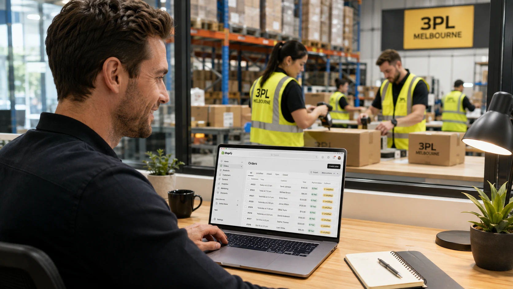 Man working on a laptop at a desk, overlooking a warehouse with staff in yellow safety vests