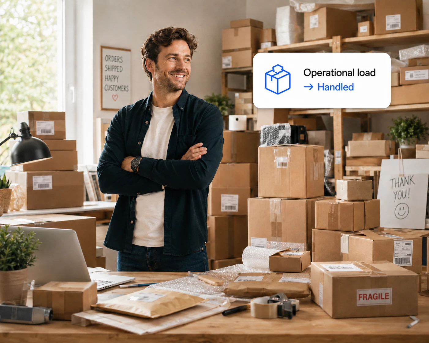Smiling man stands among stacked boxes in a warehouse; overlay reads 'Operational load → Handled'.