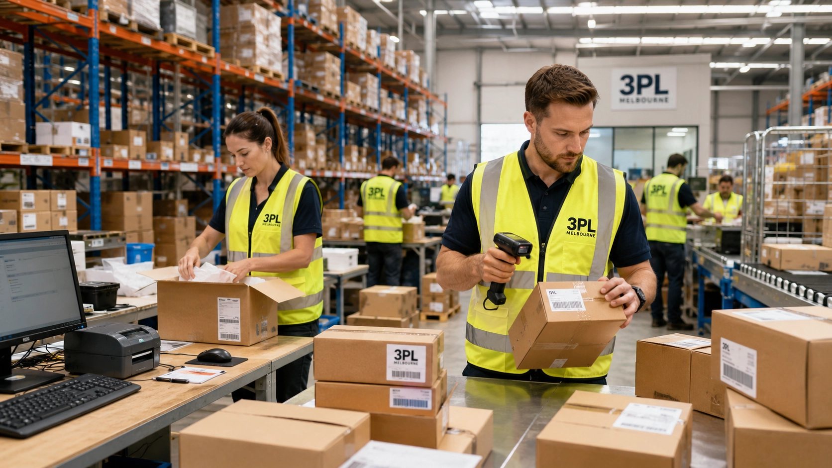 Warehouse workers in high-visibility vests scan and label packages at a packing station, with shelves of boxes in the background and a 3PL Melbourne sign above.