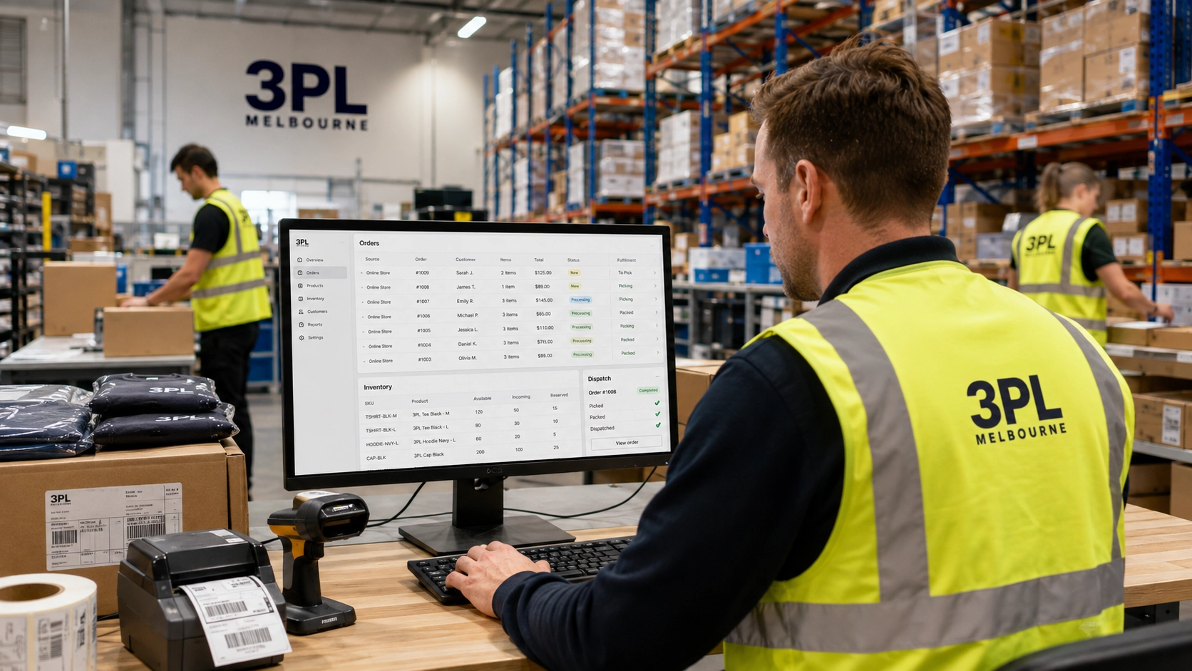 Warehouse worker at a computer desk monitoring orders on an inventory system with 3PL Melbourne branding on the wall and shelves in the background.