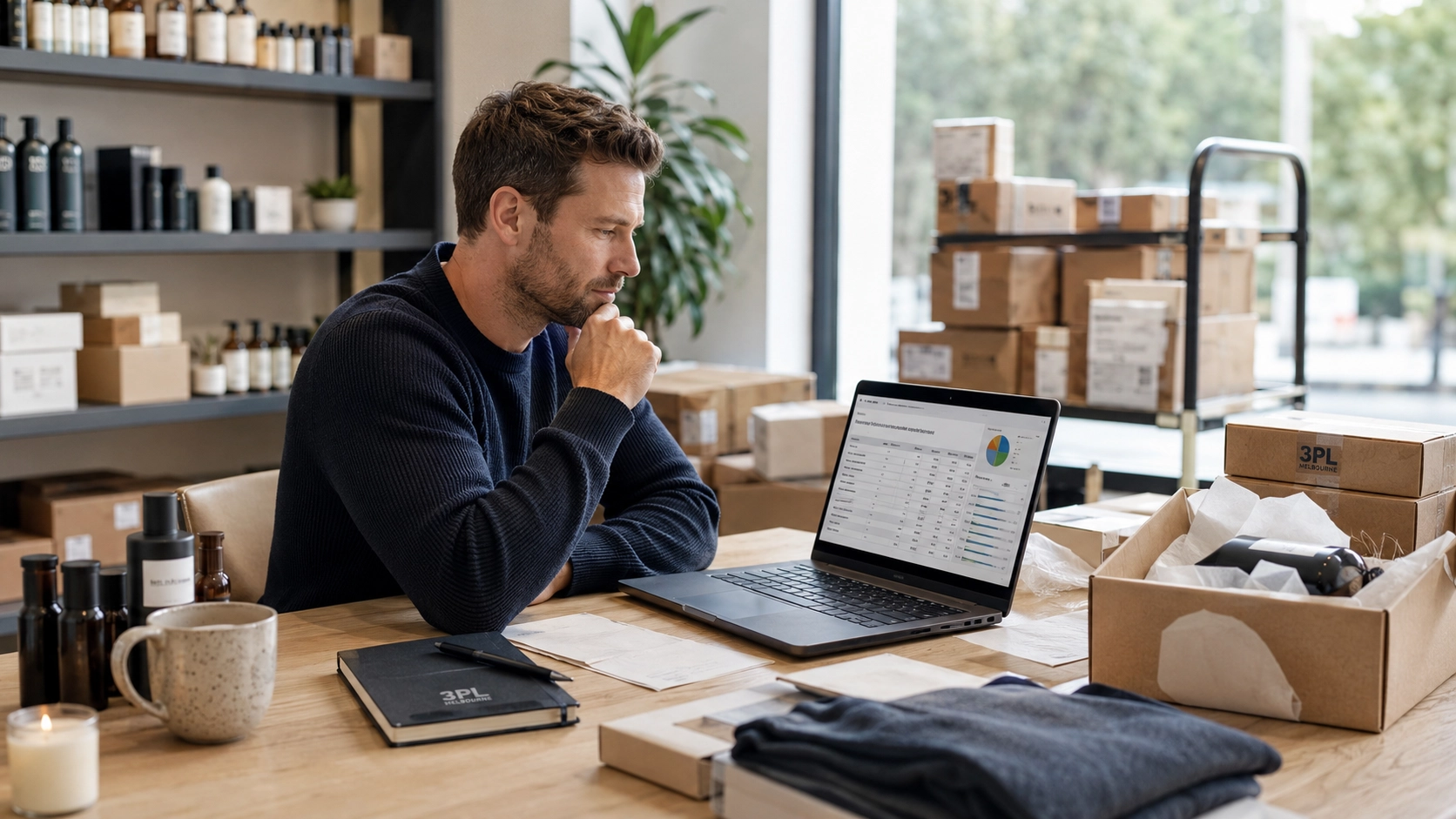 Man in a dark sweater sits at a wooden table in a warehouse, looking at a laptop displaying a spreadsheet and a pie chart amid boxes and packing supplies.