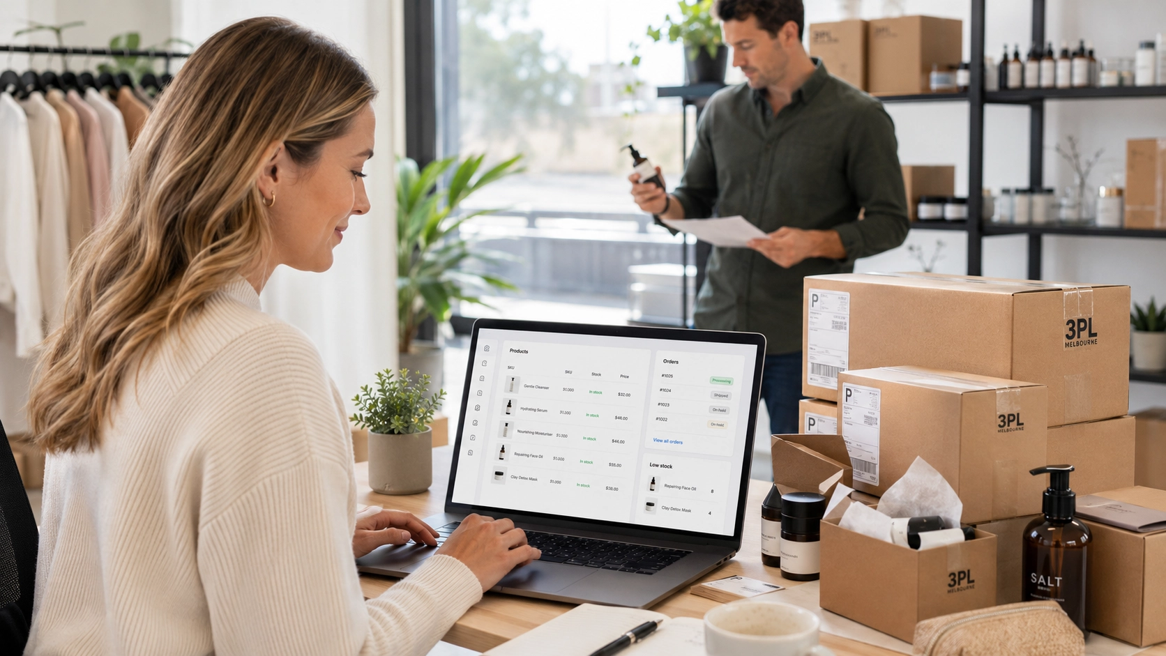 Woman types on a laptop at a wooden desk in a bright shop while a coworker handles a shipment in the background with stacked boxes nearby.