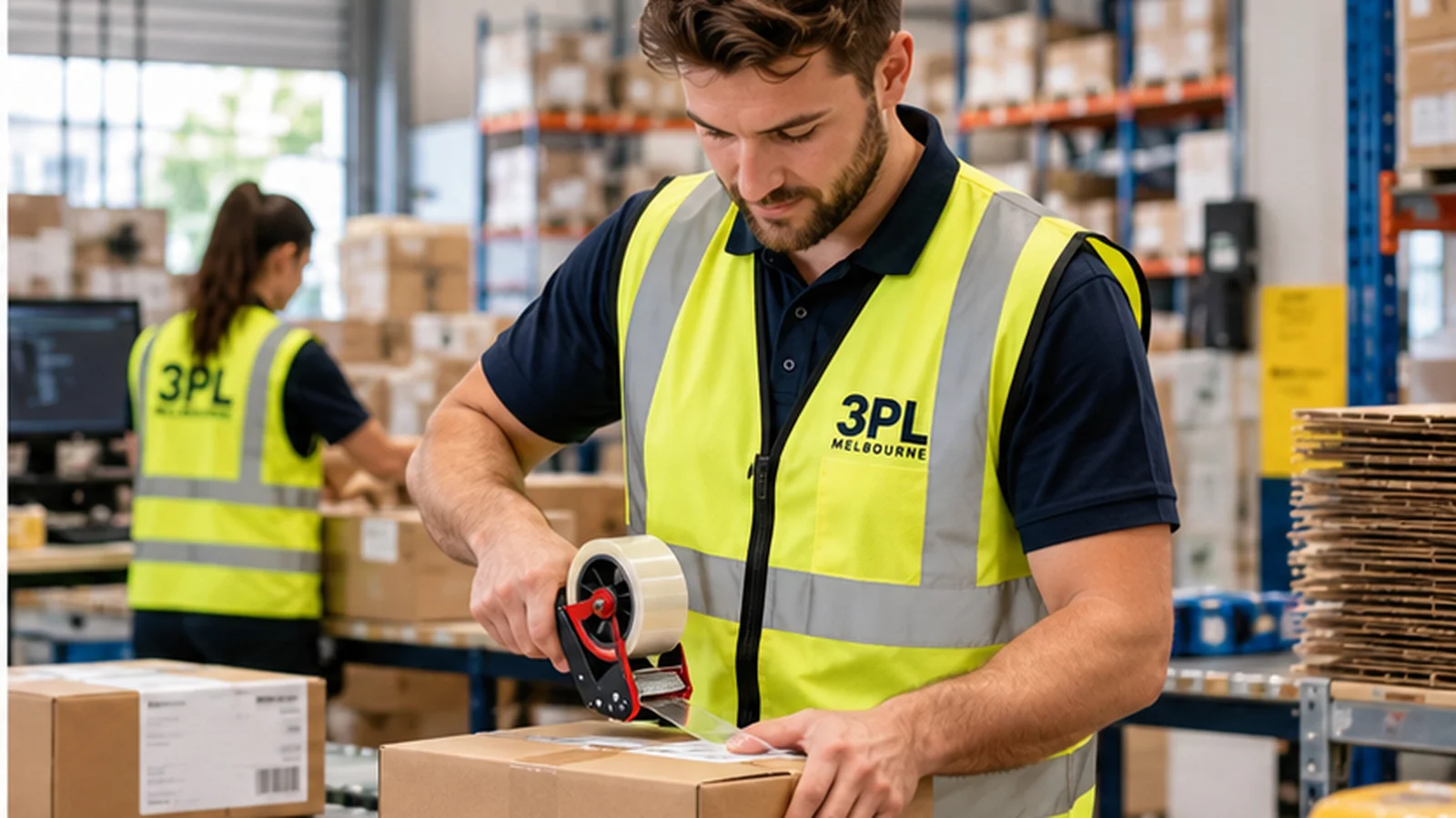 Warehouse worker in a high-visibility vest seals a cardboard box with packing tape at a busy packing station.