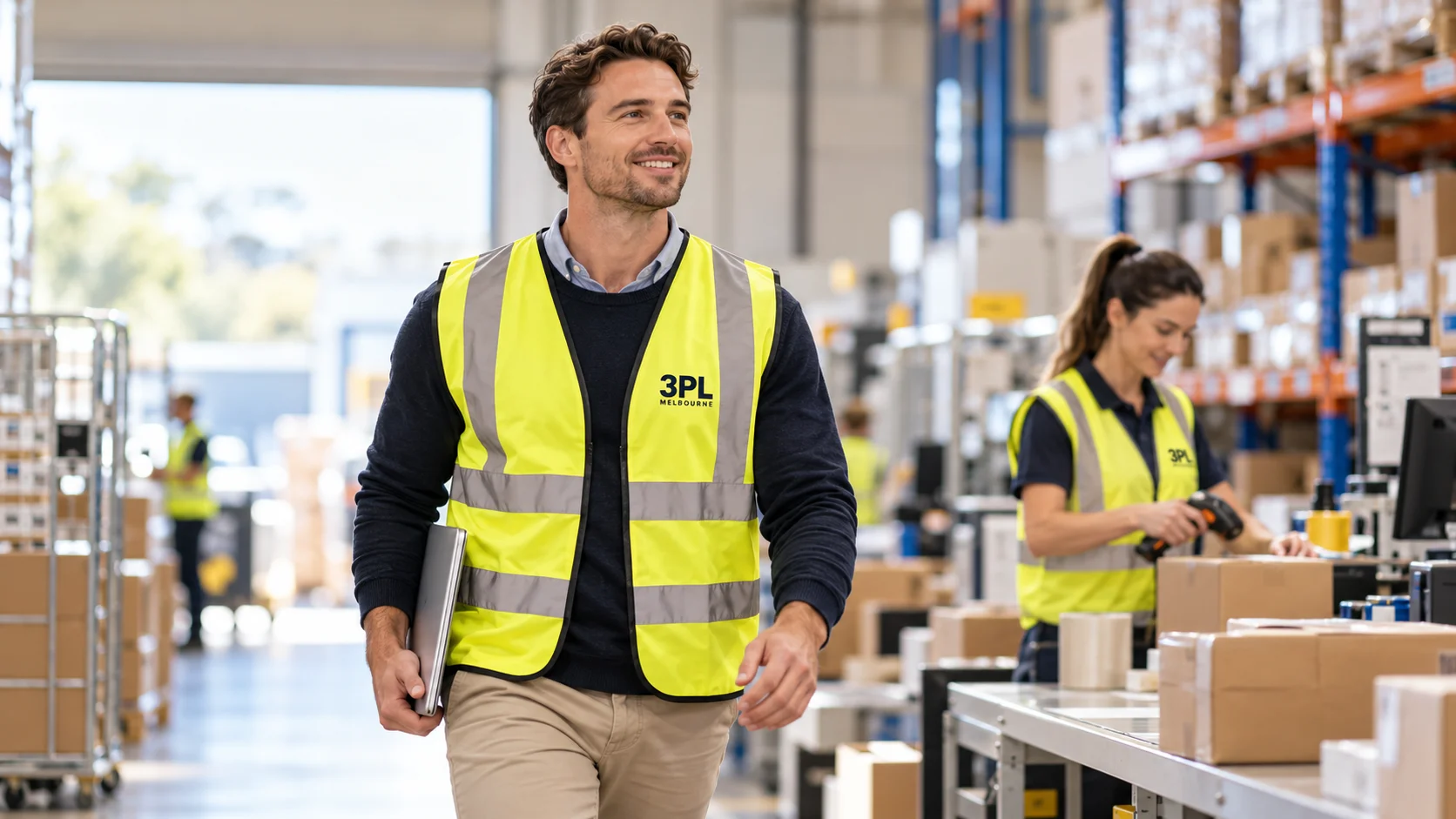 Two warehouse workers in yellow safety vests in a busy fulfillment center; man in the foreground holds a laptop and smiles while a colleague scans at a desk in the background.
