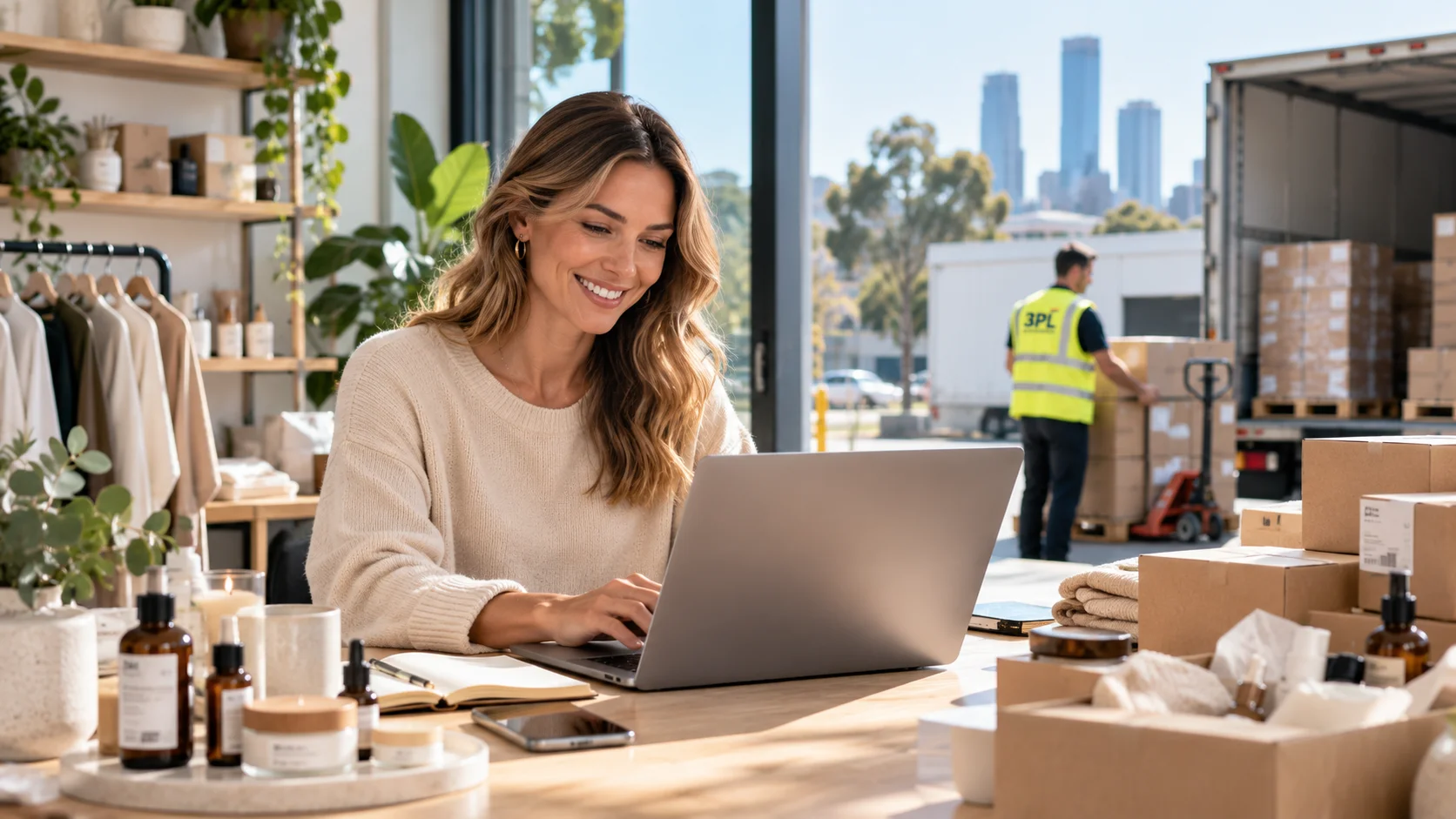 Smiling woman in a beige sweater types on a laptop at a packing table inside a shop, with boxes and packing supplies around. Outside, a worker and truck are visible in the loading area.